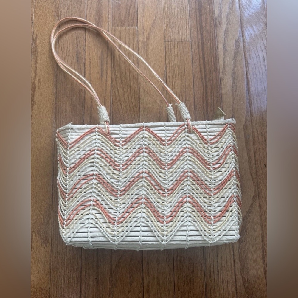 Woven Chevron Straw Tote Bag in Cream and Coral